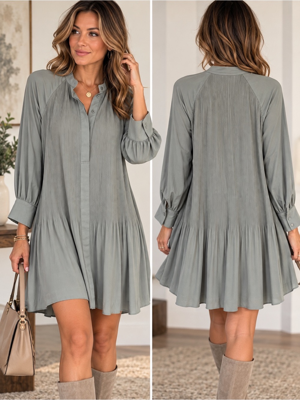 Pleated Long-Sleeve Swing Dress in Sage Green